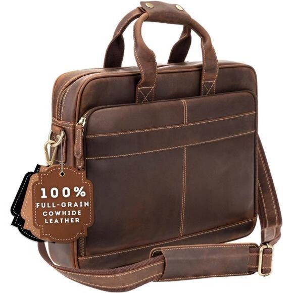 Full-Grain Leather Briefcase for Men - Laptop Bag with Leather Computer